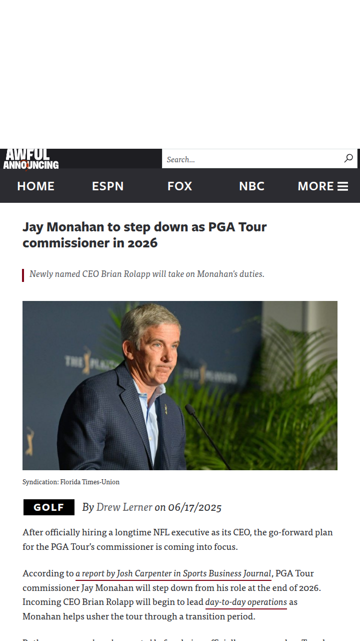 Monahan Out, Rolapp In: PGA Tour Shakeup