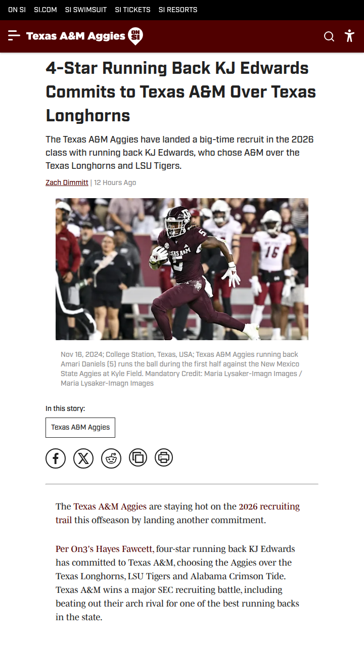 Aggies Steal Star RB KJ Edwards from Horns
