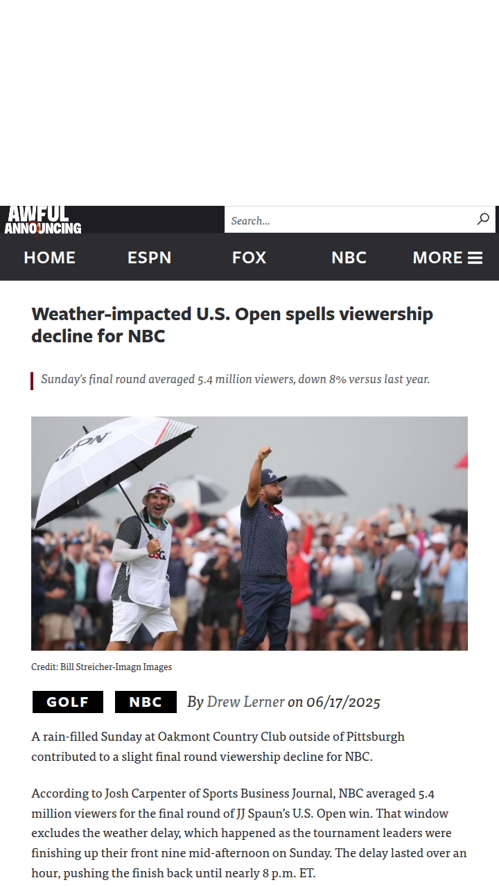 Rain Delays Hit U.S. Open Ratings