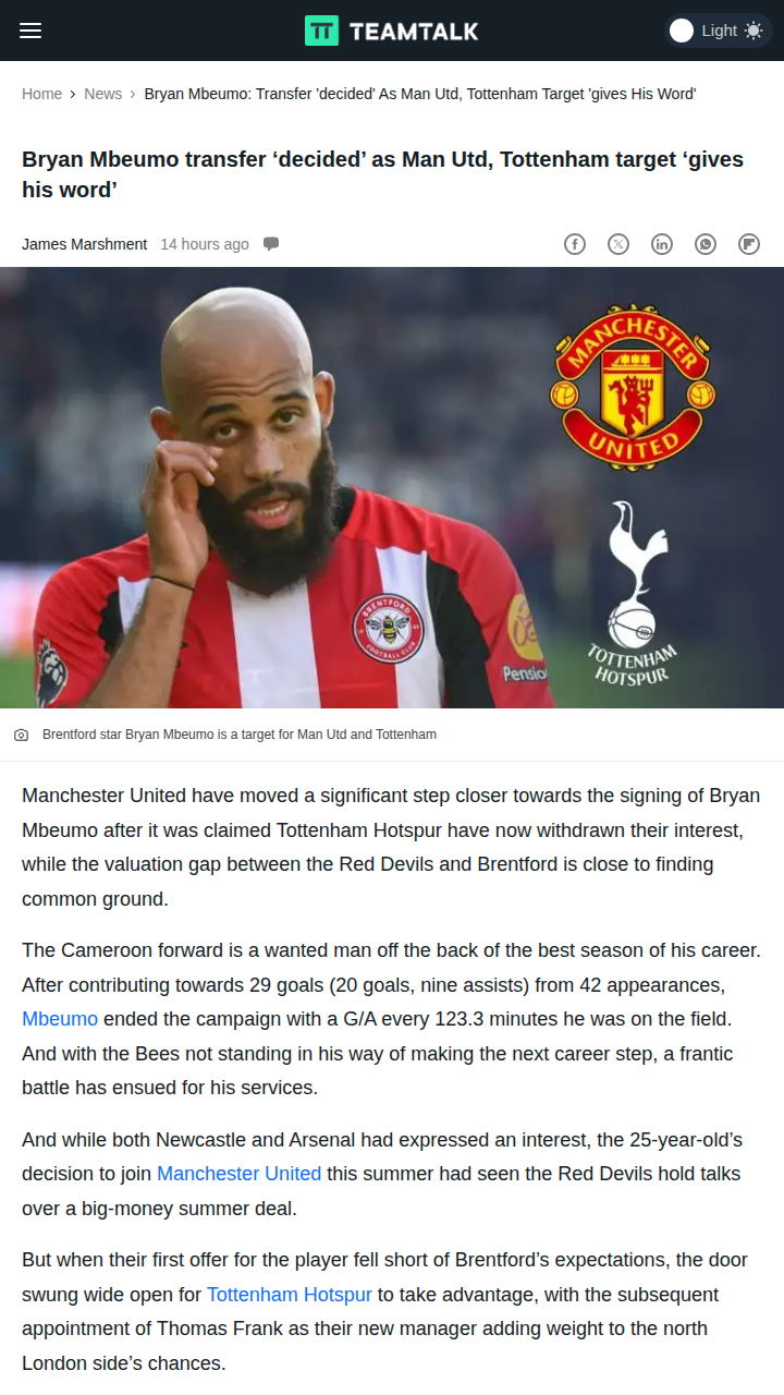 Mbeumo Chooses Red Devils Over Spurs
