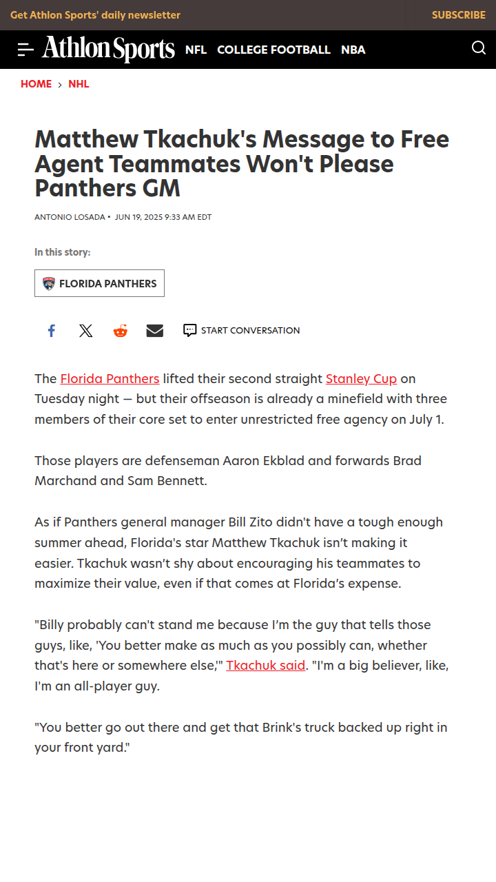 Tkachuk Tells Panthers Stars: Chase the Bag!