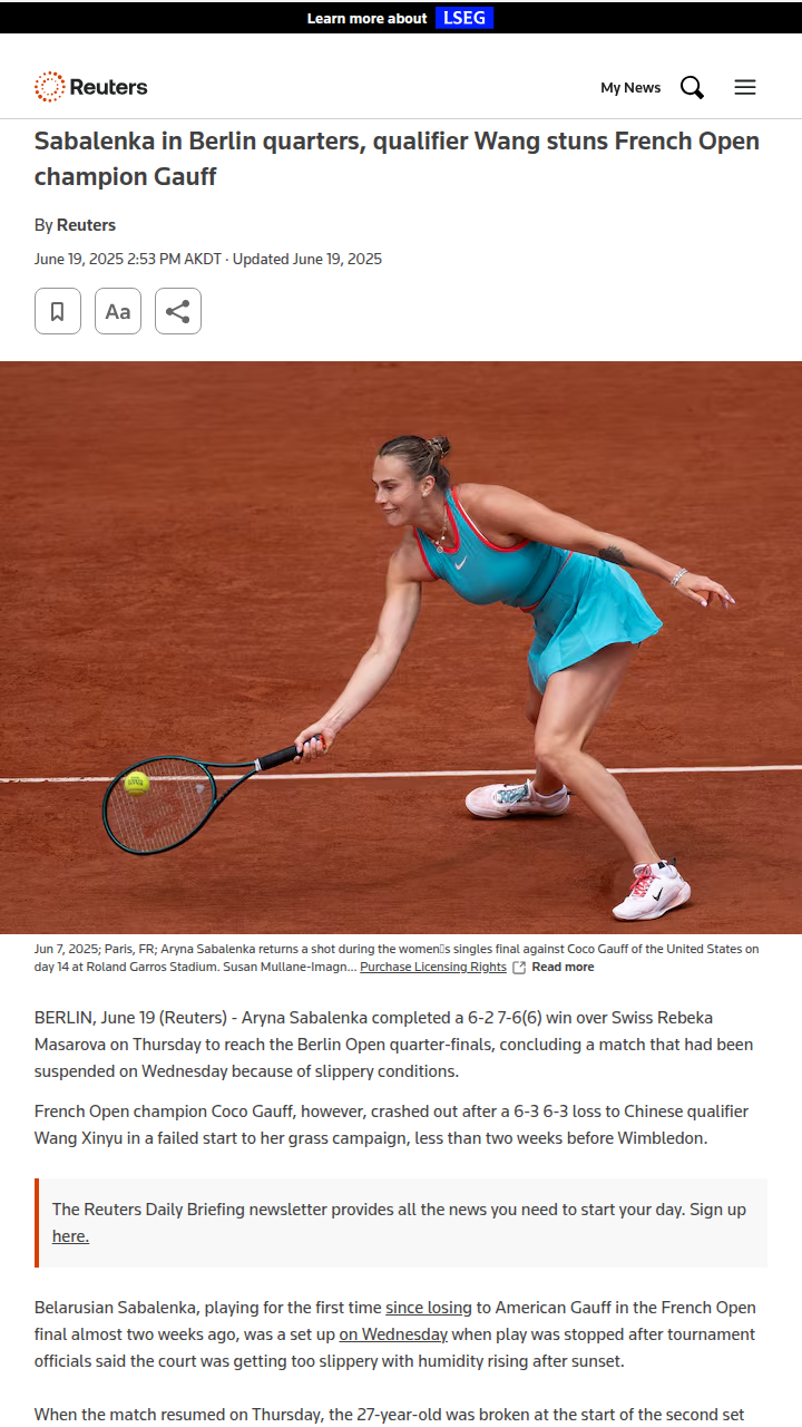 Qualifier Wang Shocks Gauff in Berlin