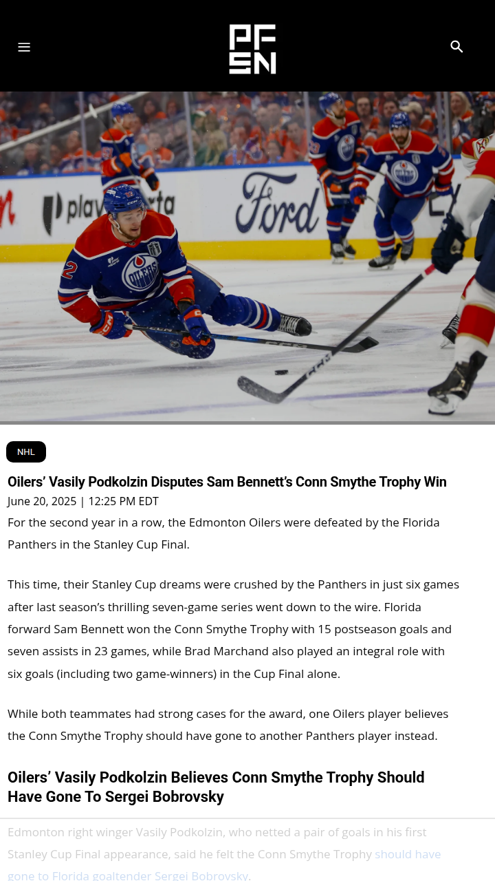 Podkolzin: Bobrovsky Snubbed for Conn Smythe?