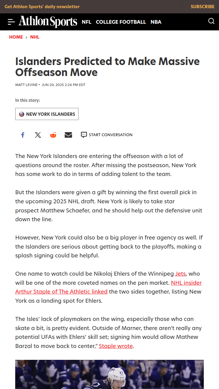 Isles Eyeing Ehlers: Offseason Gamechanger?