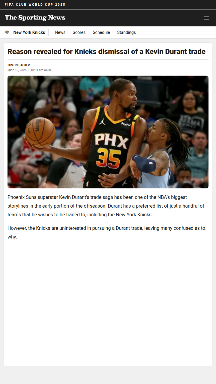 Why the Knicks Passed on KD Trade