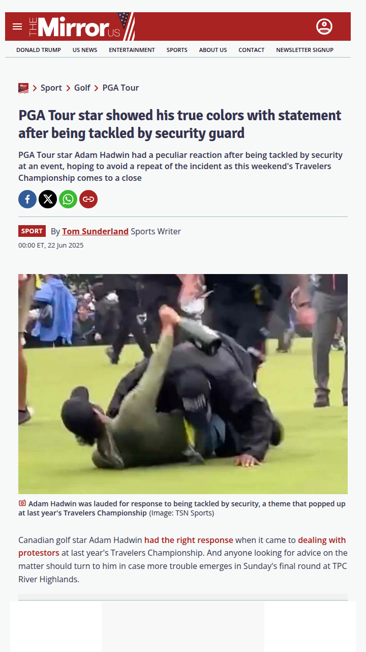 Hadwin’s Viral Tackle vs. Protest Drama