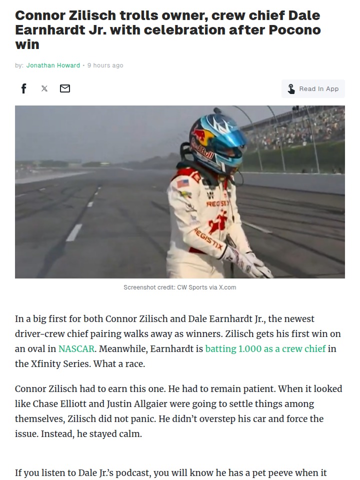 Zilisch Trolls Dale Jr. After Pocono Win