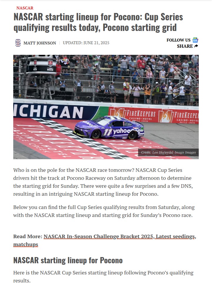 Hamlin on Pole, Byron’s Crash Shakes Up Grid