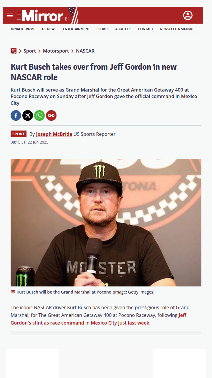 Kurt Busch Returns to Pocono as Grand Marshal