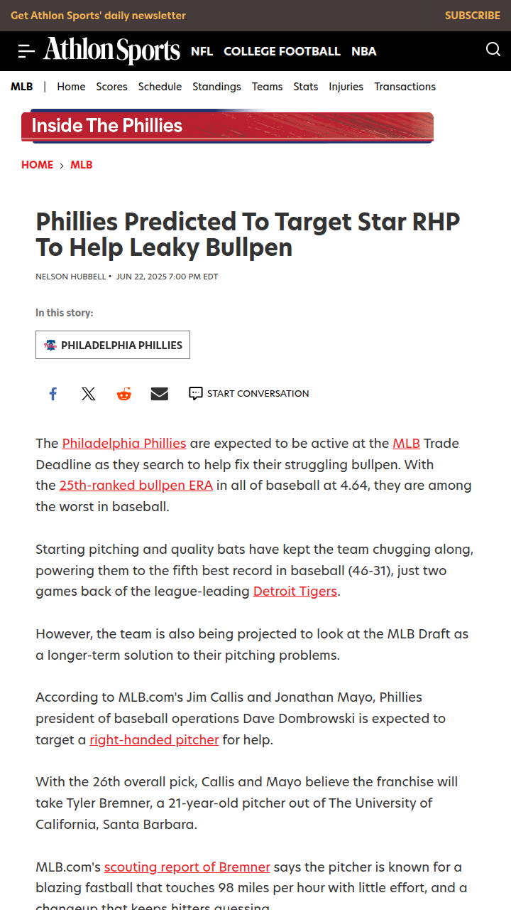 Could Bremner Be Philly’s Bullpen Savior?