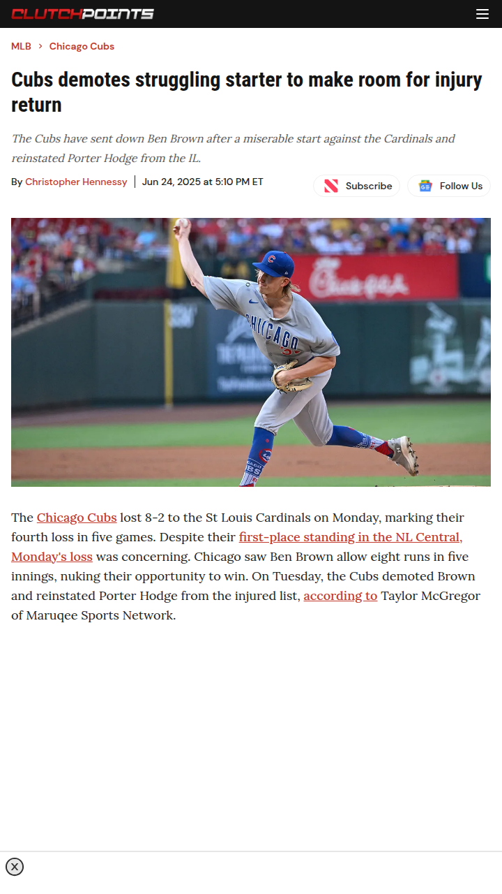 Cubs Shuffle: Brown Down, Hodge Returns