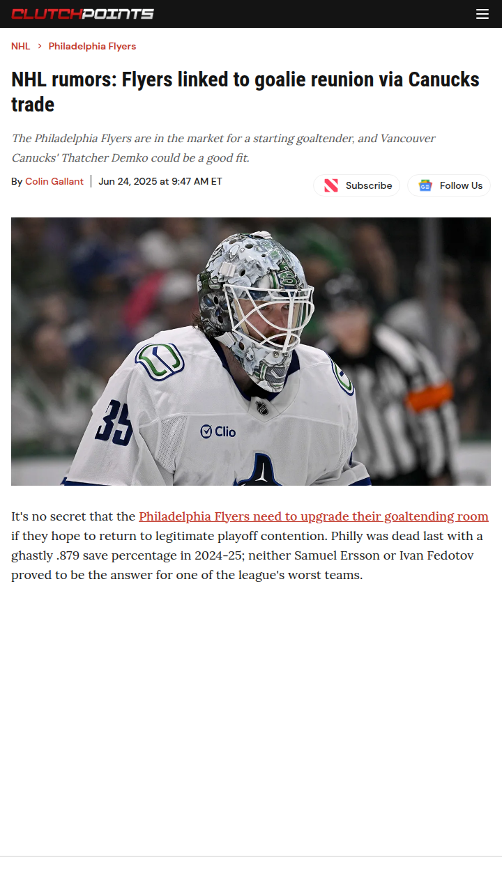 Demko to Philly? Tocchet Reunion Buzz