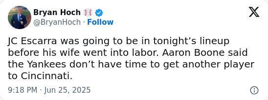 J.C. Escarra Out—Baby on Deck!