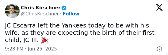 J.C. Escarra Out—Baby on Deck!
