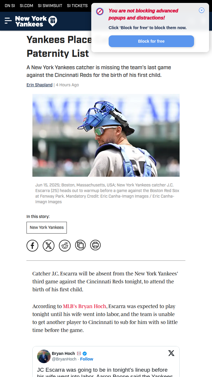 J.C. Escarra Out—Baby on Deck!