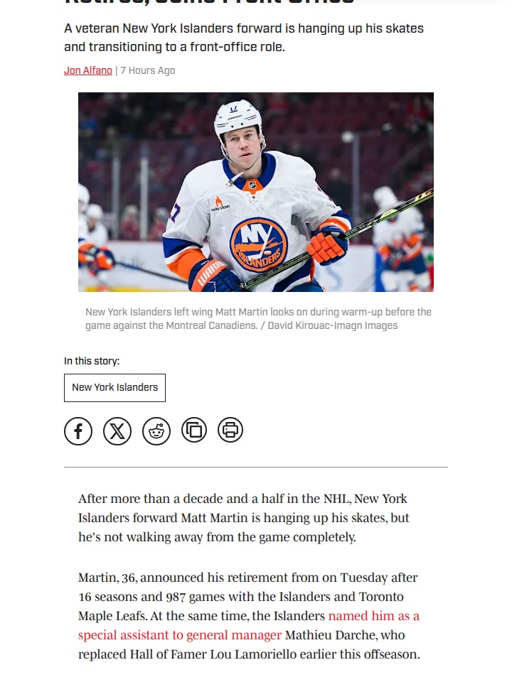 Matt Martin Hangs Up Skates, Joins Isles Brass