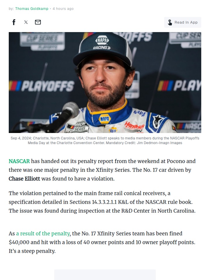 Chase Elliott’s No. 17 Hit with Major Penalty