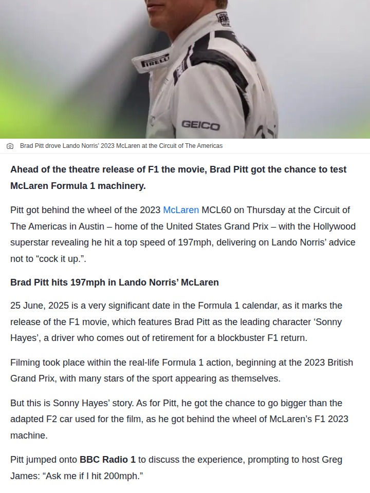 Brad Pitt Hits 197mph in Lando’s McLaren!