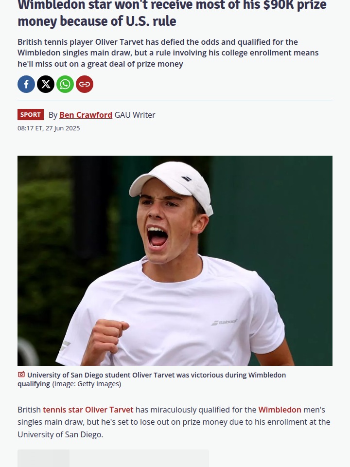 Tarvet’s Wimbledon Payday Blocked by NCAA