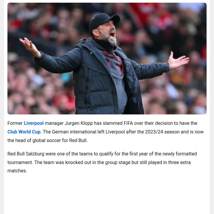 Klopp Blasts Club World Cup Over Player Burnout