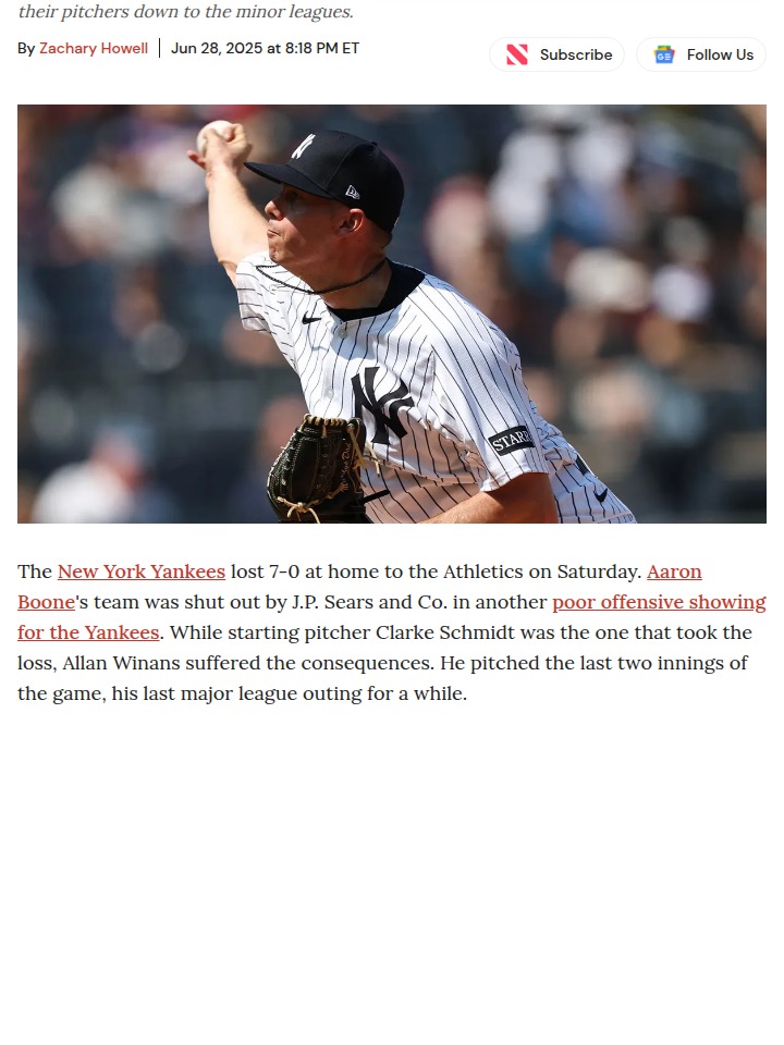 Yanks Send Winans Down After A’s Shutout