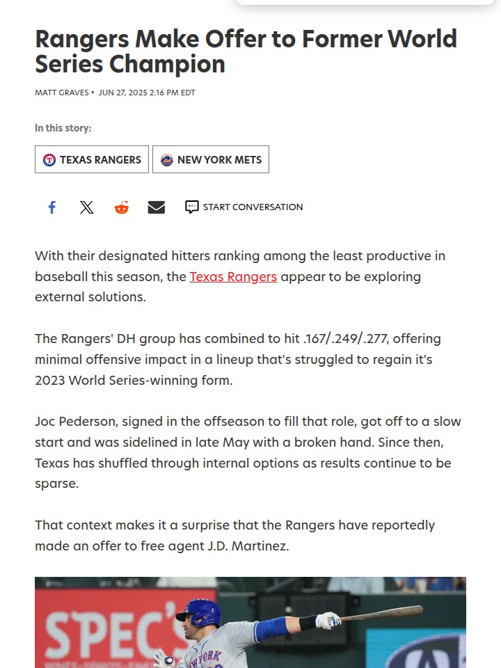 Rangers Eye J.D. Martinez for DH Fix?