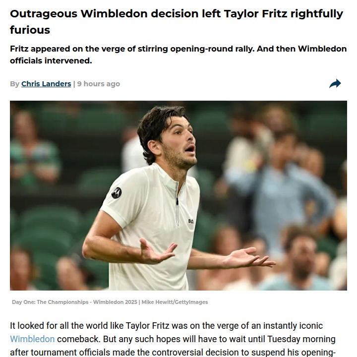 Fritz’s Comeback Halted by Wimbledon Curfew