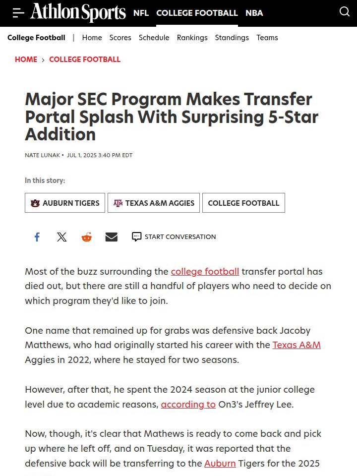 Auburn Lands 5-Star DB Jacoby Matthews!