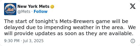 Brewers-Mets Game Delayed Again?!