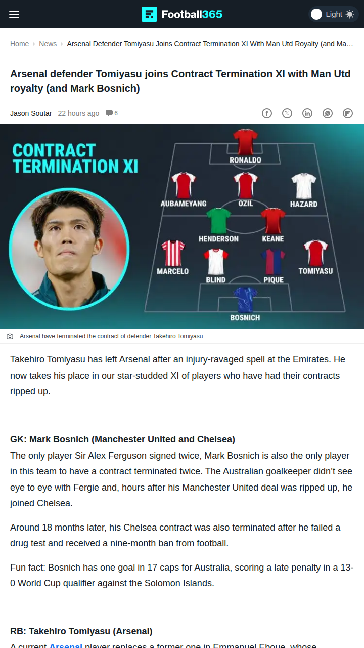 Tomiyasu Joins Elite Contract Termination XI