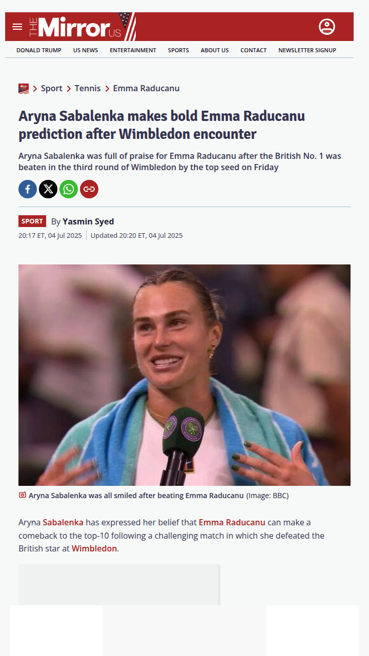Sabalenka’s Bold Raducanu Top-10 Call