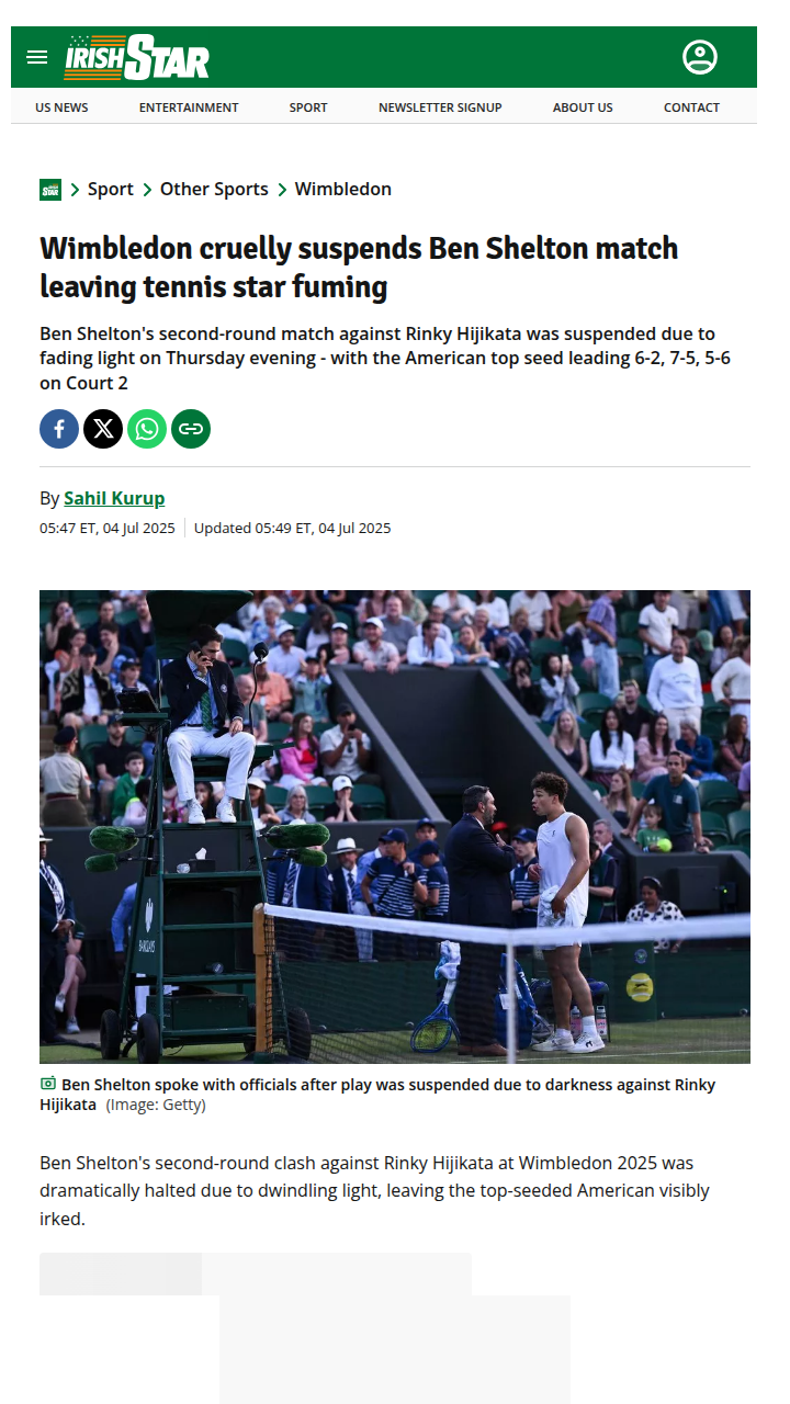 Shelton Fumes as Wimbledon Halts Thriller