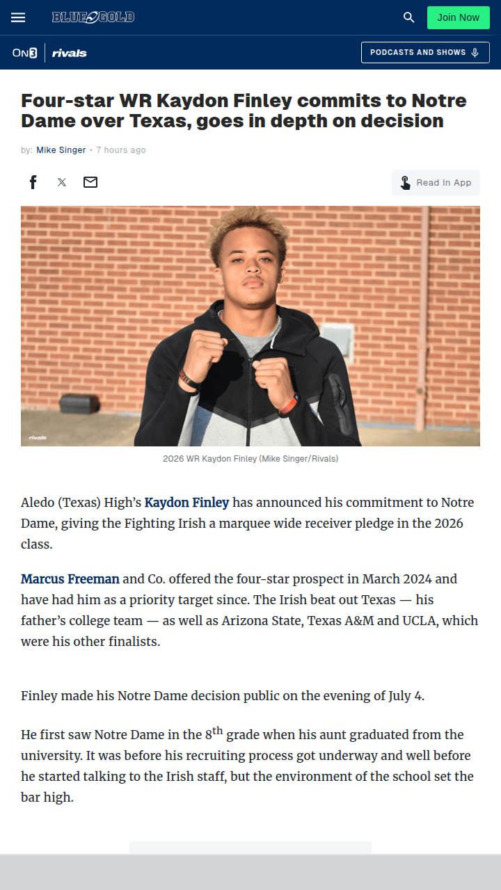 Finley Picks Irish Over Longhorn Legacy