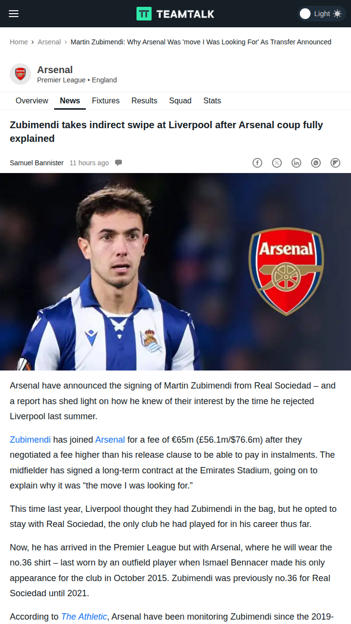 Zubimendi Snubs Reds, Joins Gunners Revolution