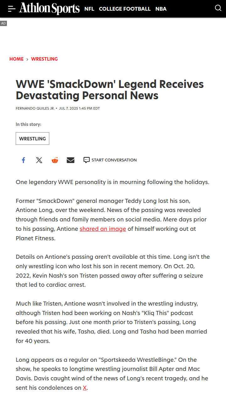 Heartbreak for Teddy Long After Tragedy