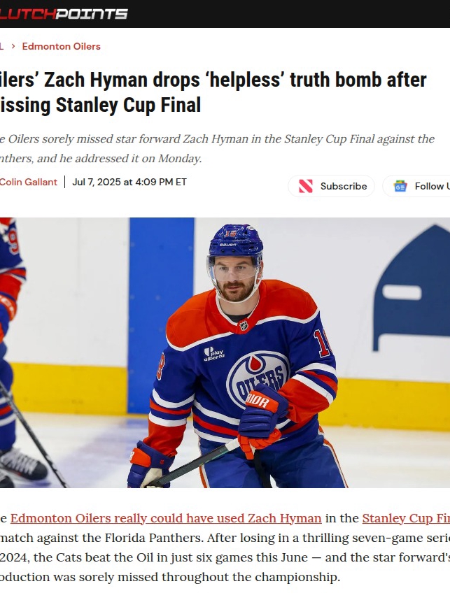 Hyman’s Absence Haunts Oilers in Cup Loss