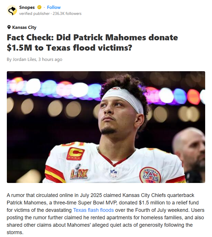 Mahomes’ $1.5M Flood Donation: Fact or Fiction?