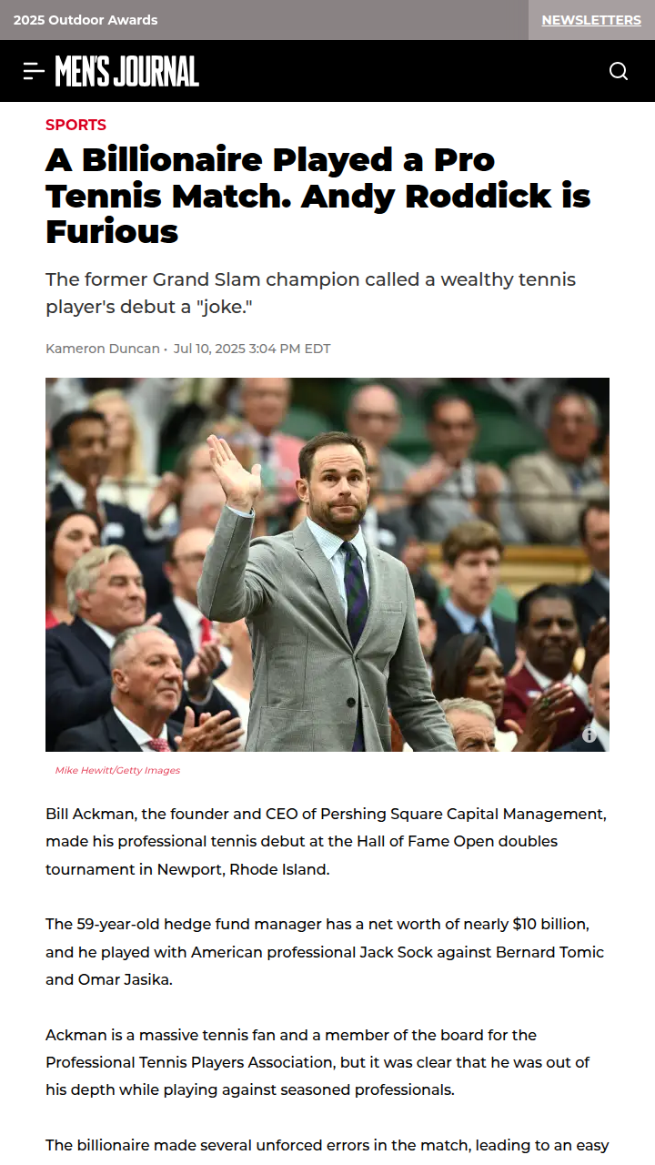 Roddick Slams Ackman’s Pro Tennis Debut