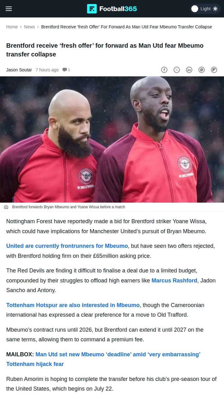 Red Devils' Mbeumo Chase Hits Brentford Wall