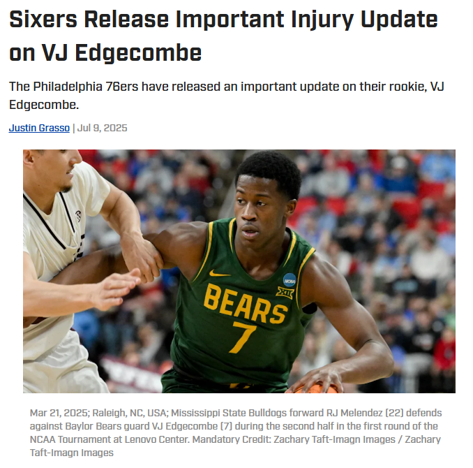 VJ Edgecombe Sidelined—Will He Face the Hornets?
