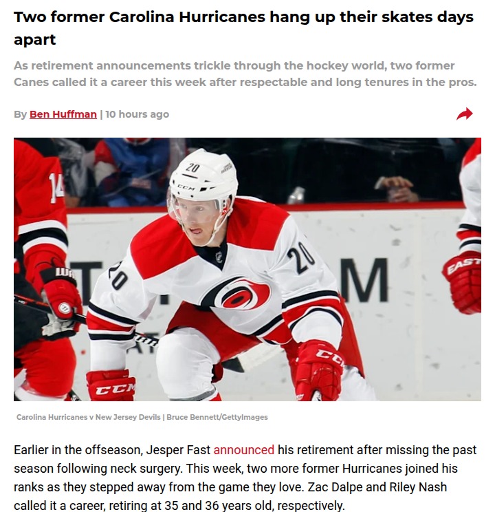 Canes Alums Dalpe & Nash Retire Days Apart
