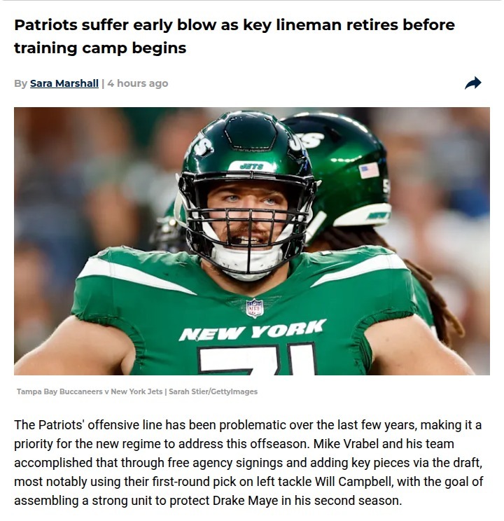 Another Pats lineman bails before camp