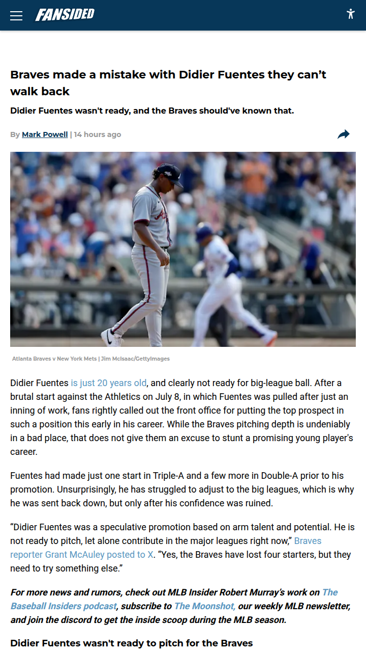 Did Braves Rush Fuentes Too Soon?
