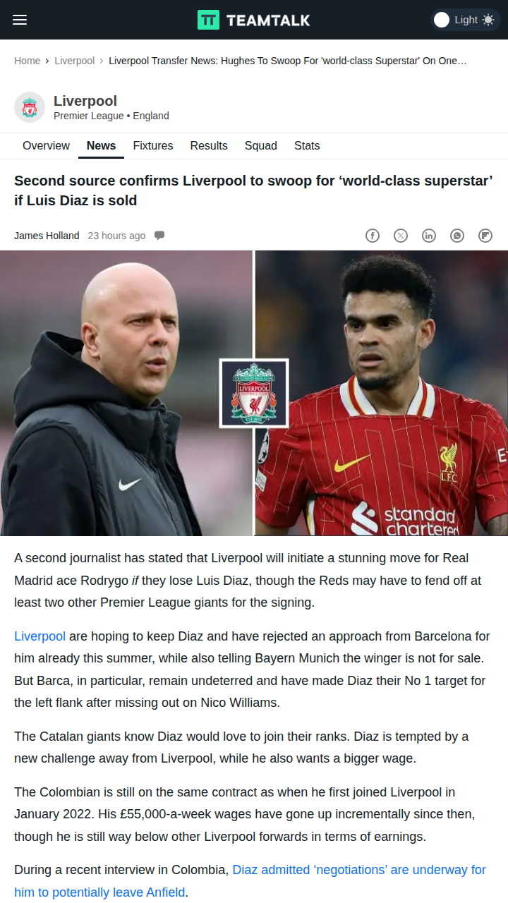 Rodrygo to Anfield if Diaz Departs?