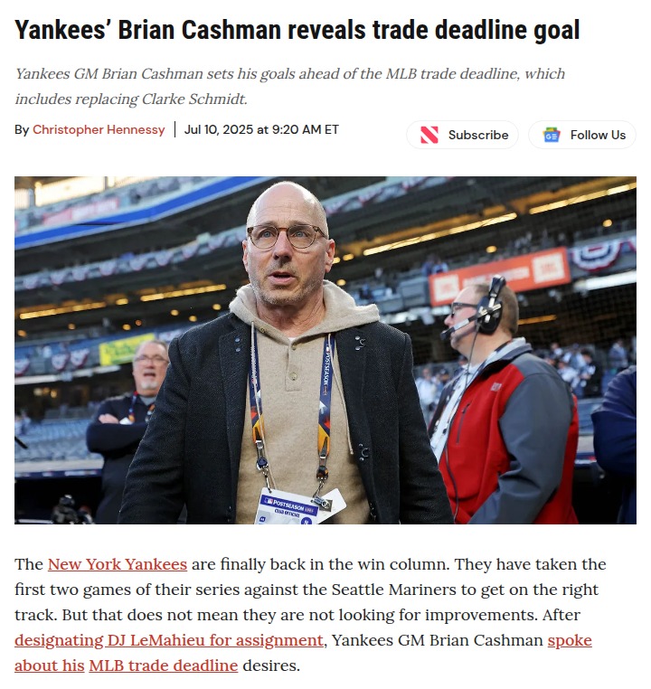 Cashman Eyes Pitching Boost at Deadline