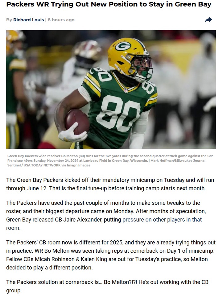 Bo Melton playing CB is pure desperation mode