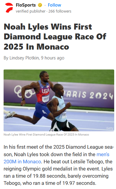 Lyles Edges Tebogo in Monaco Rematch