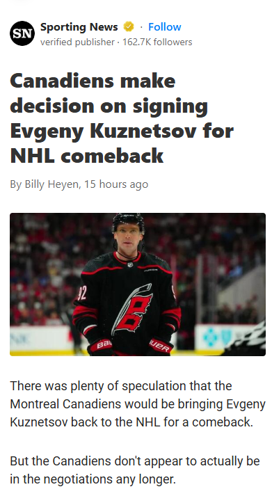 Habs Pass on Kuznetsov Comeback