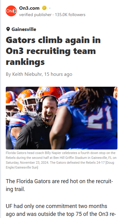 Gators Leapfrog Rivals in Recruiting War