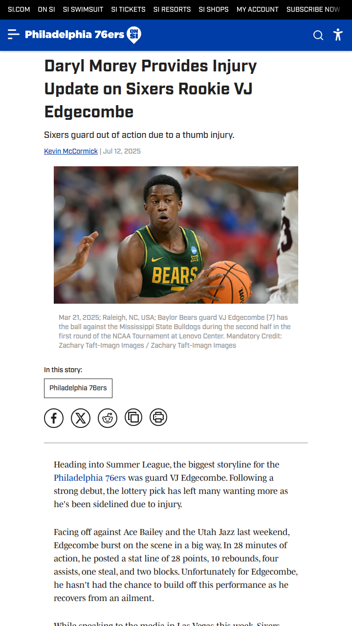 VJ Edgecombe Injury: Sixers Fans Hold Their Breath